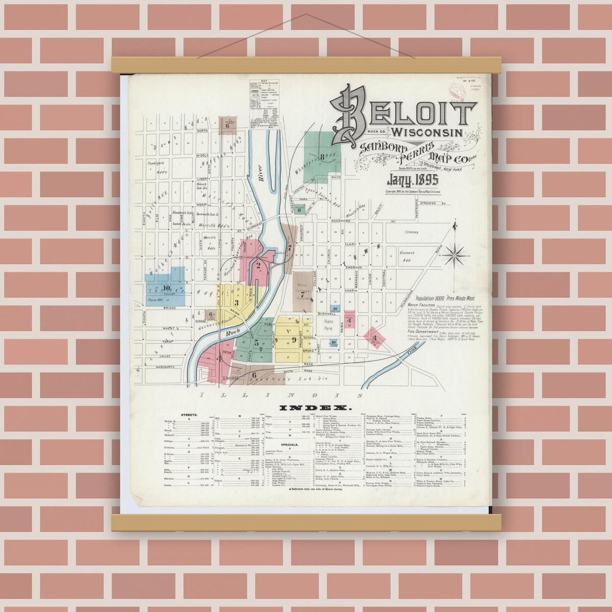 Old map wall art mockup — magnetic wood frame on brick wall — Sanborn Fire Insurance Map from Beloit, Rock County, Wisconsin (1895), Sheet #0001
