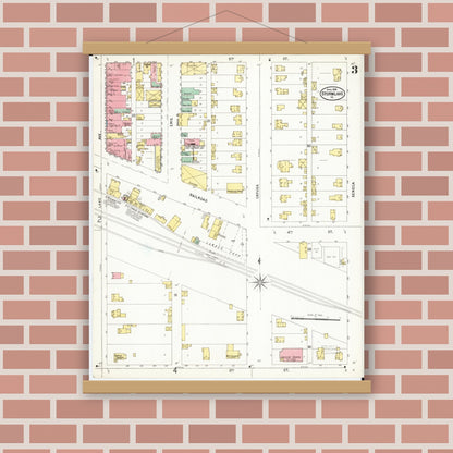 Old map wall art mockup — magnetic wood frame on brick wall — Sanborn Fire Insurance Map from Storm Lake, Buena Vista County, Iowa (1899), Sheet #0003