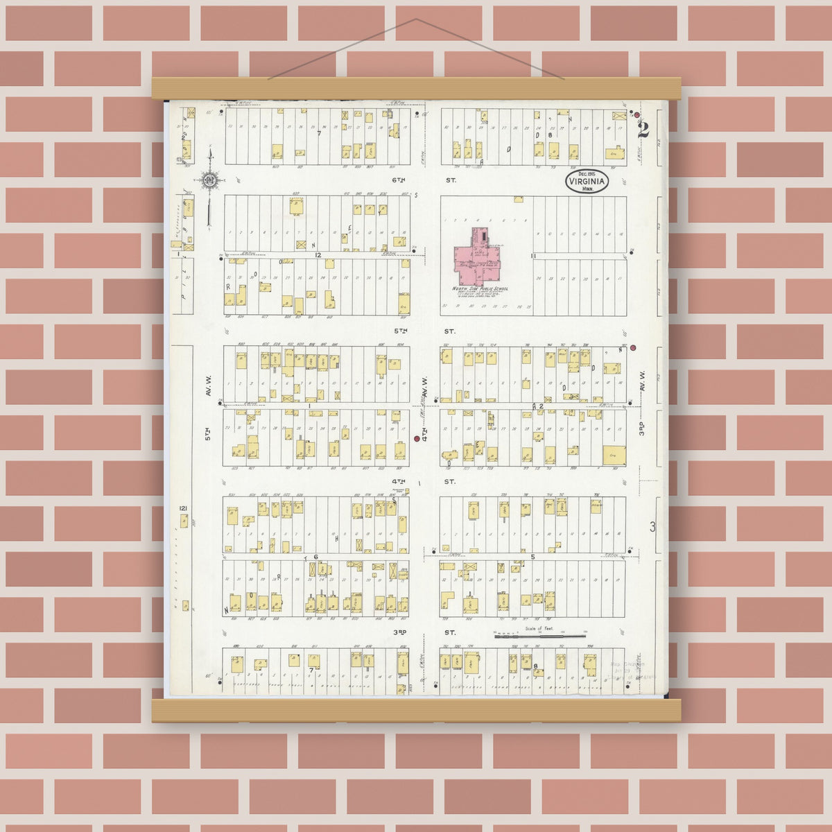 Old map wall art mockup — magnetic wood frame on brick wall — Sanborn Fire Insurance Map from Virginia, Saint Louis County, Minnesota (1915), Sheet #0002