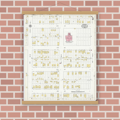 Old map wall art mockup — magnetic wood frame on brick wall — Sanborn Fire Insurance Map from Virginia, Saint Louis County, Minnesota (1915), Sheet #0002