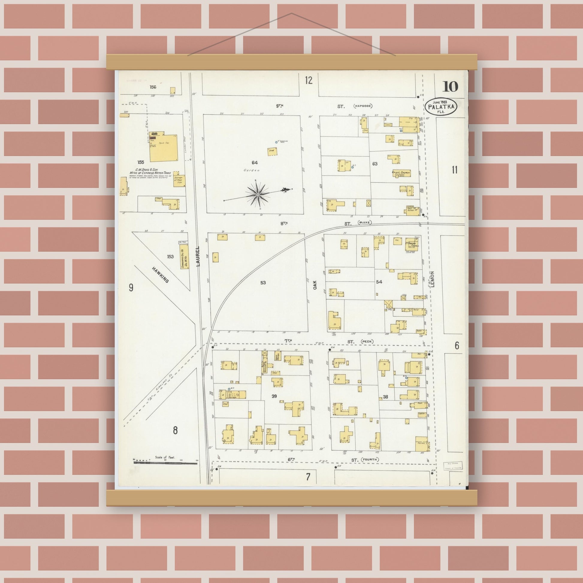 Old map wall art mockup — magnetic wood frame on brick wall — Sanborn Fire Insurance Map from Palatka, Putnam County, Florida (1903), Sheet #0010