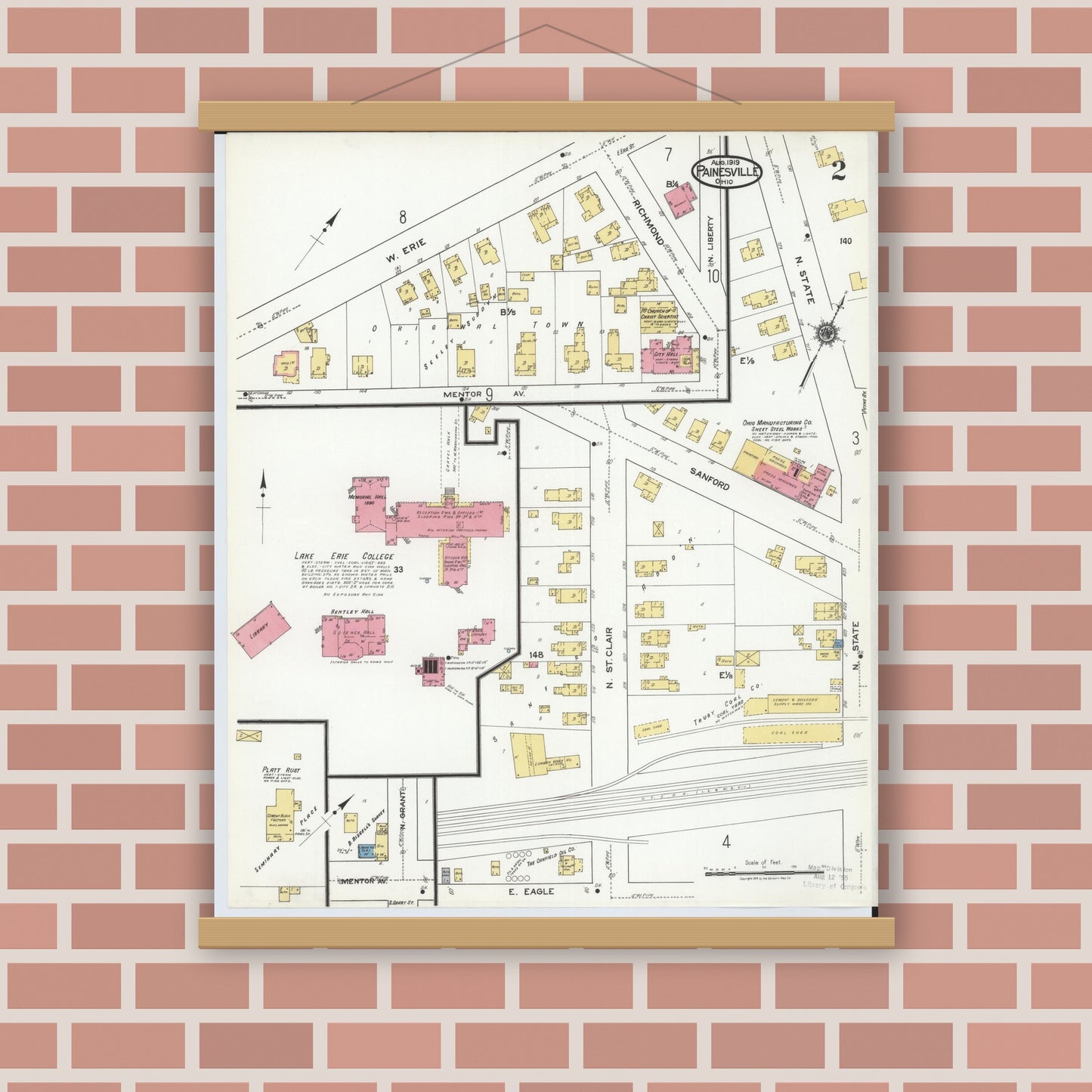 Old map wall art mockup — magnetic wood frame on brick wall — Sanborn Fire Insurance Map from Painesville, Lake County, Ohio (1919), Sheet #0002