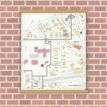 Old map wall art mockup — magnetic wood frame on brick wall — Sanborn Fire Insurance Map from Painesville, Lake County, Ohio (1919), Sheet #0002