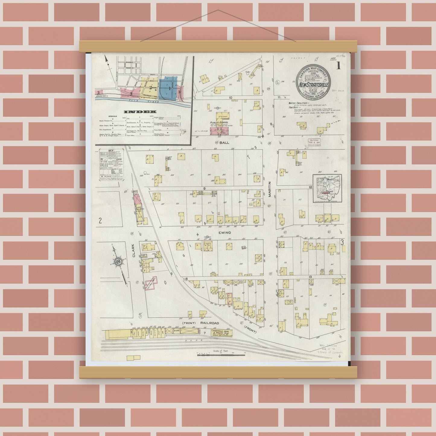 Old map wall art mockup — magnetic wood frame on brick wall — Sanborn Fire Insurance Map from New Straitsville, Perry County, Ohio (1913) - Complete Map Set
