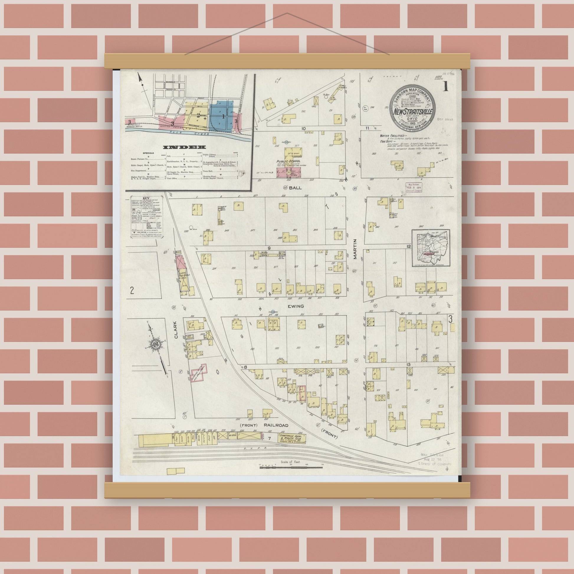Old map wall art mockup — magnetic wood frame on brick wall — Sanborn Fire Insurance Map from New Straitsville, Perry County, Ohio (1913) - Complete Map Set