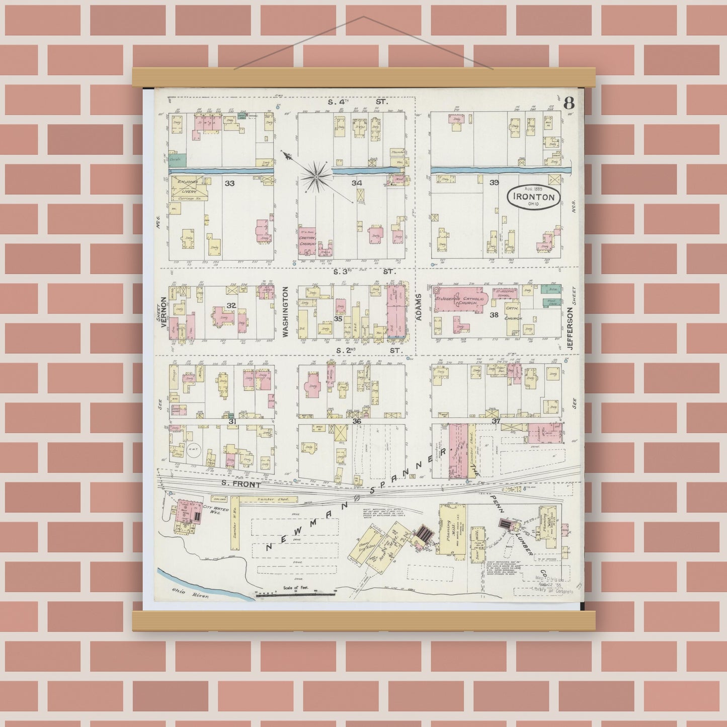 Old map wall art mockup — magnetic wood frame on brick wall — Sanborn Fire Insurance Map from Ironton, Lawrence County, Ohio (1889), Sheet #0008