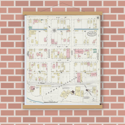 Old map wall art mockup — magnetic wood frame on brick wall — Sanborn Fire Insurance Map from Ironton, Lawrence County, Ohio (1889), Sheet #0008