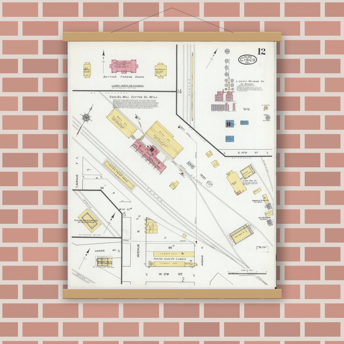 Old map wall art mockup — magnetic wood frame on brick wall — Sanborn Fire Insurance Map from Cisco, Eastland County, Texas (1920), Sheet #0012
