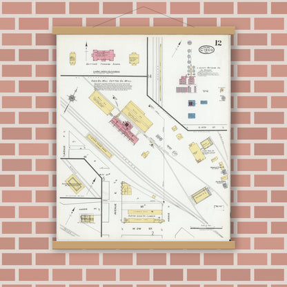 Old map wall art mockup — magnetic wood frame on brick wall — Sanborn Fire Insurance Map from Cisco, Eastland County, Texas (1920), Sheet #0012