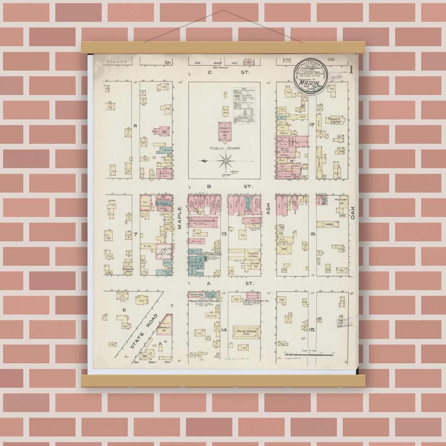 Old map wall art mockup — magnetic wood frame on brick wall — Sanborn Fire Insurance Map from Mason, Ingham County, Michigan (1889) - Complete Map Set