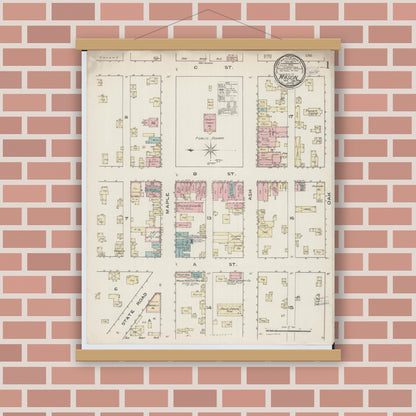 Old map wall art mockup — magnetic wood frame on brick wall — Sanborn Fire Insurance Map from Mason, Ingham County, Michigan (1889) - Complete Map Set