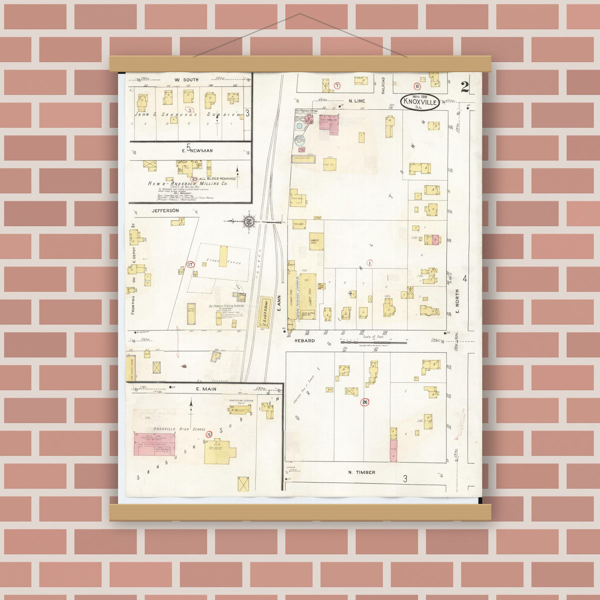 Old map wall art mockup — magnetic wood frame on brick wall — Sanborn Fire Insurance Map from Knoxville, Knox County, Illinois (1944), Sheet #0002