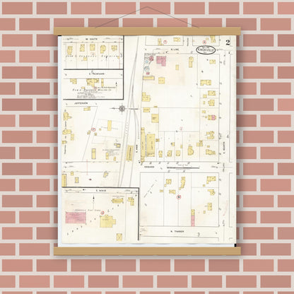 Old map wall art mockup — magnetic wood frame on brick wall — Sanborn Fire Insurance Map from Knoxville, Knox County, Illinois (1944), Sheet #0002