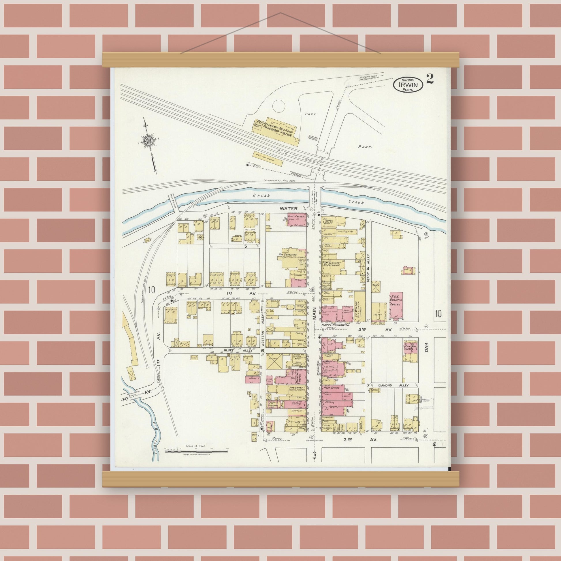 Old map wall art mockup — magnetic wood frame on brick wall — Sanborn Fire Insurance Map from Irwin, Westmoreland County, Pennsylvania (1919), Sheet #0002