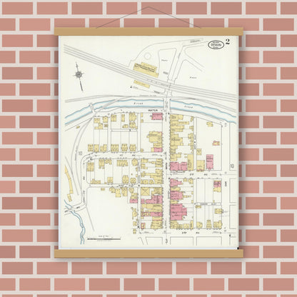 Old map wall art mockup — magnetic wood frame on brick wall — Sanborn Fire Insurance Map from Irwin, Westmoreland County, Pennsylvania (1919), Sheet #0002
