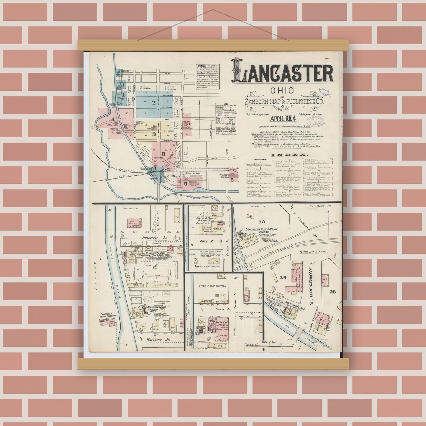 Old map wall art mockup — magnetic wood frame on brick wall — Sanborn Fire Insurance Map from Lancaster, Fairfield County, Ohio (1884) - Complete Map Set