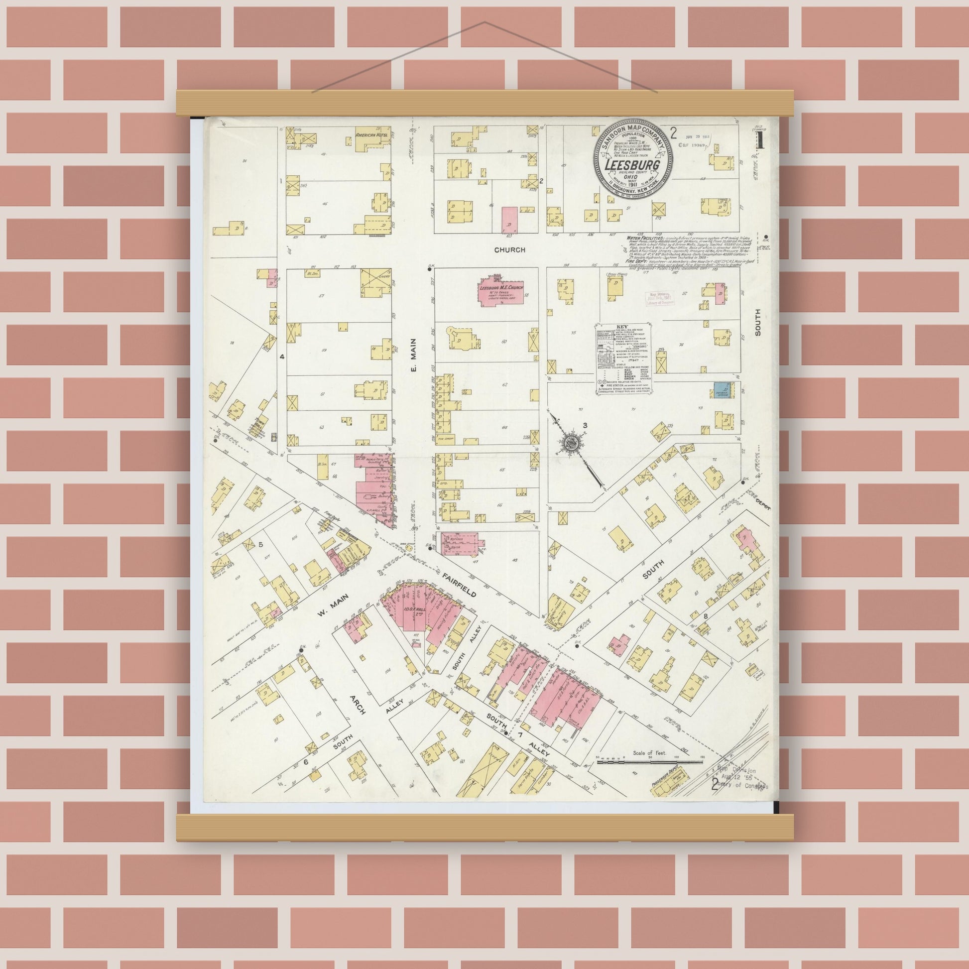 Old map wall art mockup — magnetic wood frame on brick wall — Sanborn Fire Insurance Map from Leesburg, Highland County, Ohio (1911), Sheet #0001