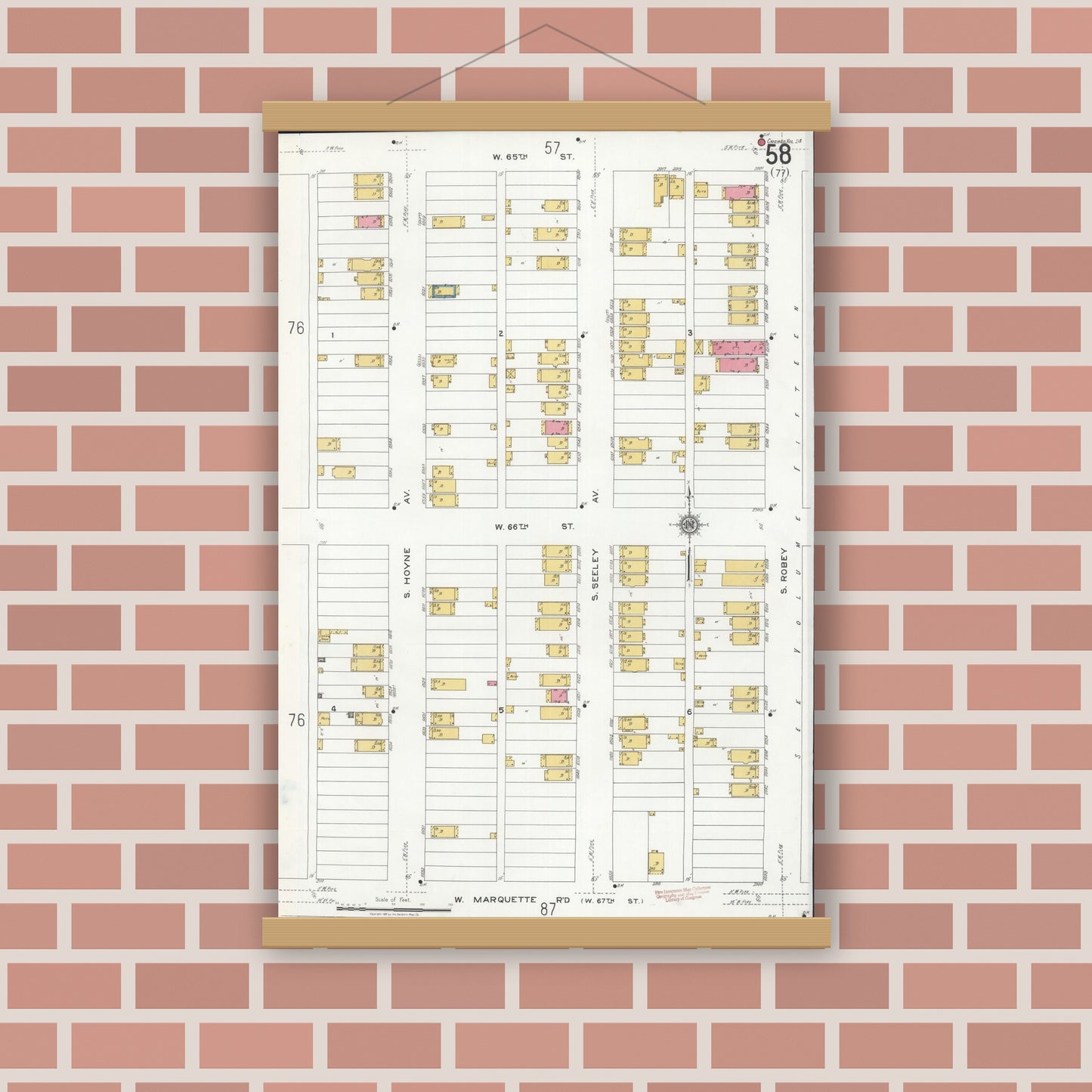 Old map wall art mockup — magnetic wood frame on brick wall — Sanborn Fire Insurance Map from Chicago, Cook County, Illinois (1920), Sheet #0058