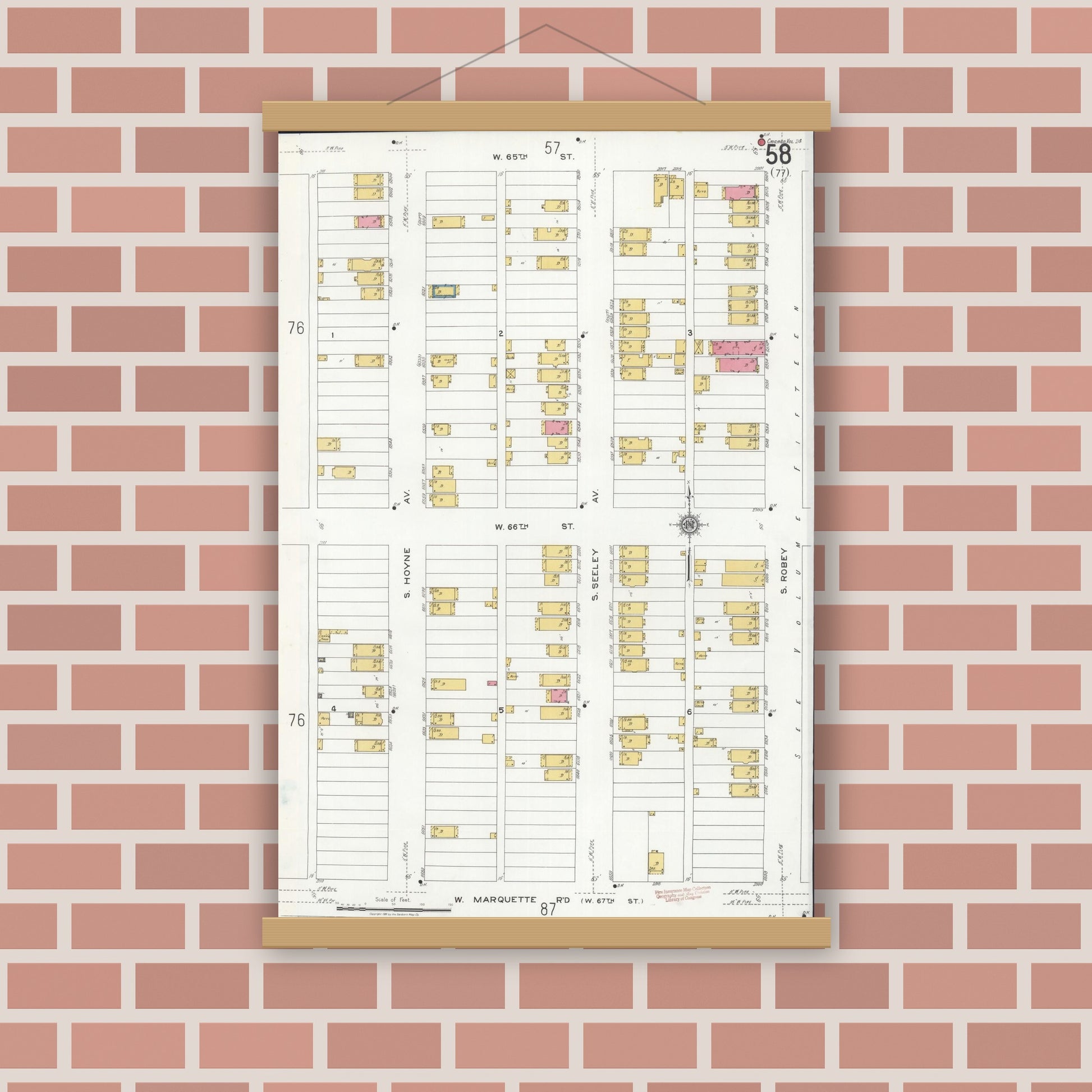 Old map wall art mockup — magnetic wood frame on brick wall — Sanborn Fire Insurance Map from Chicago, Cook County, Illinois (1920), Sheet #0058