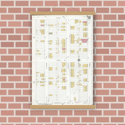 Old map wall art mockup — magnetic wood frame on brick wall — Sanborn Fire Insurance Map from Chicago, Cook County, Illinois (1920), Sheet #0058