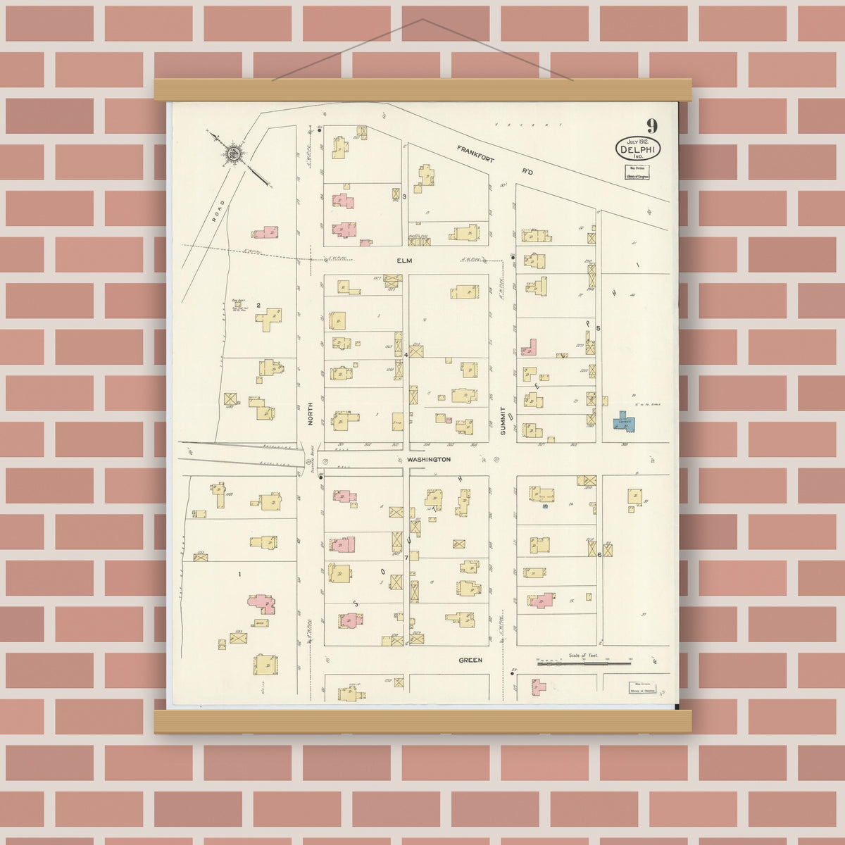 Old map wall art mockup — magnetic wood frame on brick wall — Sanborn Fire Insurance Map from Delphi, Carroll County, Indiana (1912), Sheet #0009
