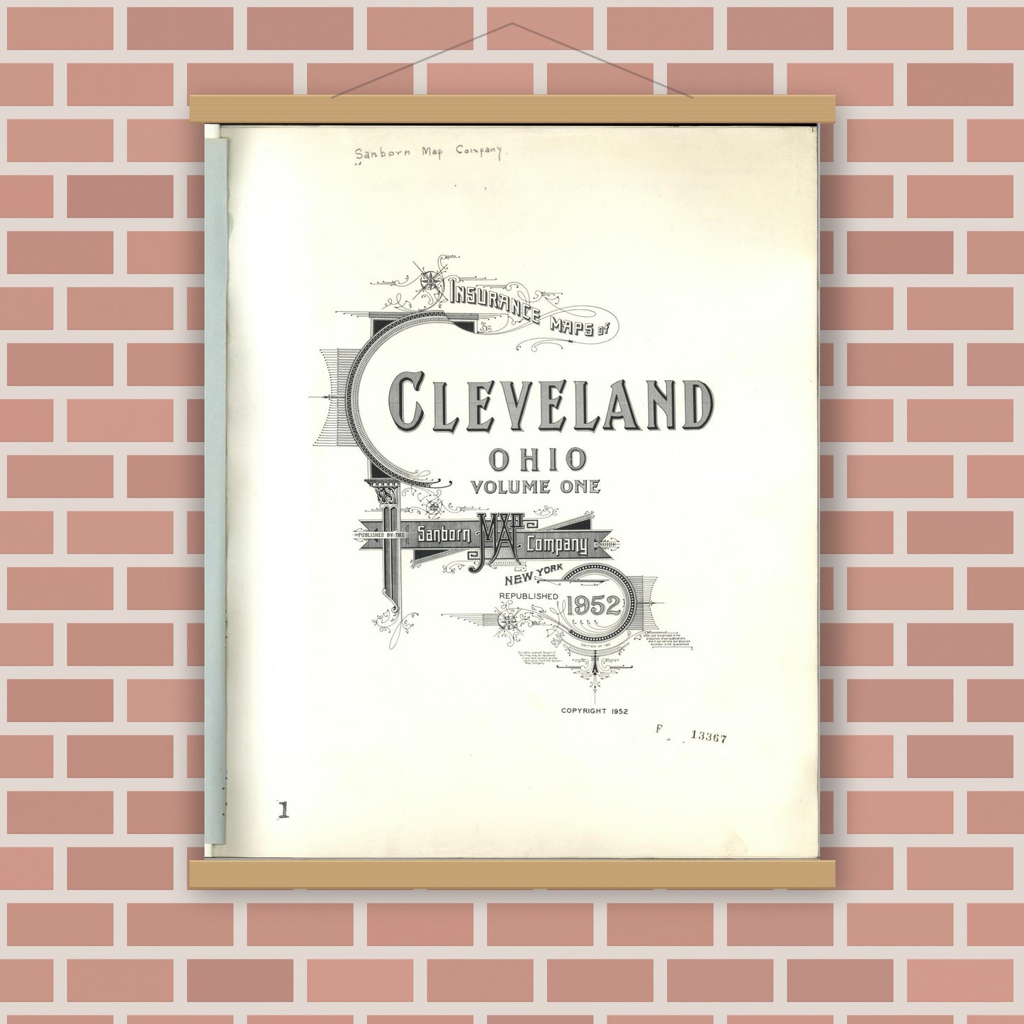Old map wall art mockup — magnetic wood frame on brick wall — Sanborn Fire Insurance Map from Cleveland, Cuyahoga County, Ohio (1952), Sheet #0001