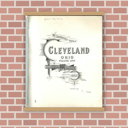 Old map wall art mockup — magnetic wood frame on brick wall — Sanborn Fire Insurance Map from Cleveland, Cuyahoga County, Ohio (1952), Sheet #0001