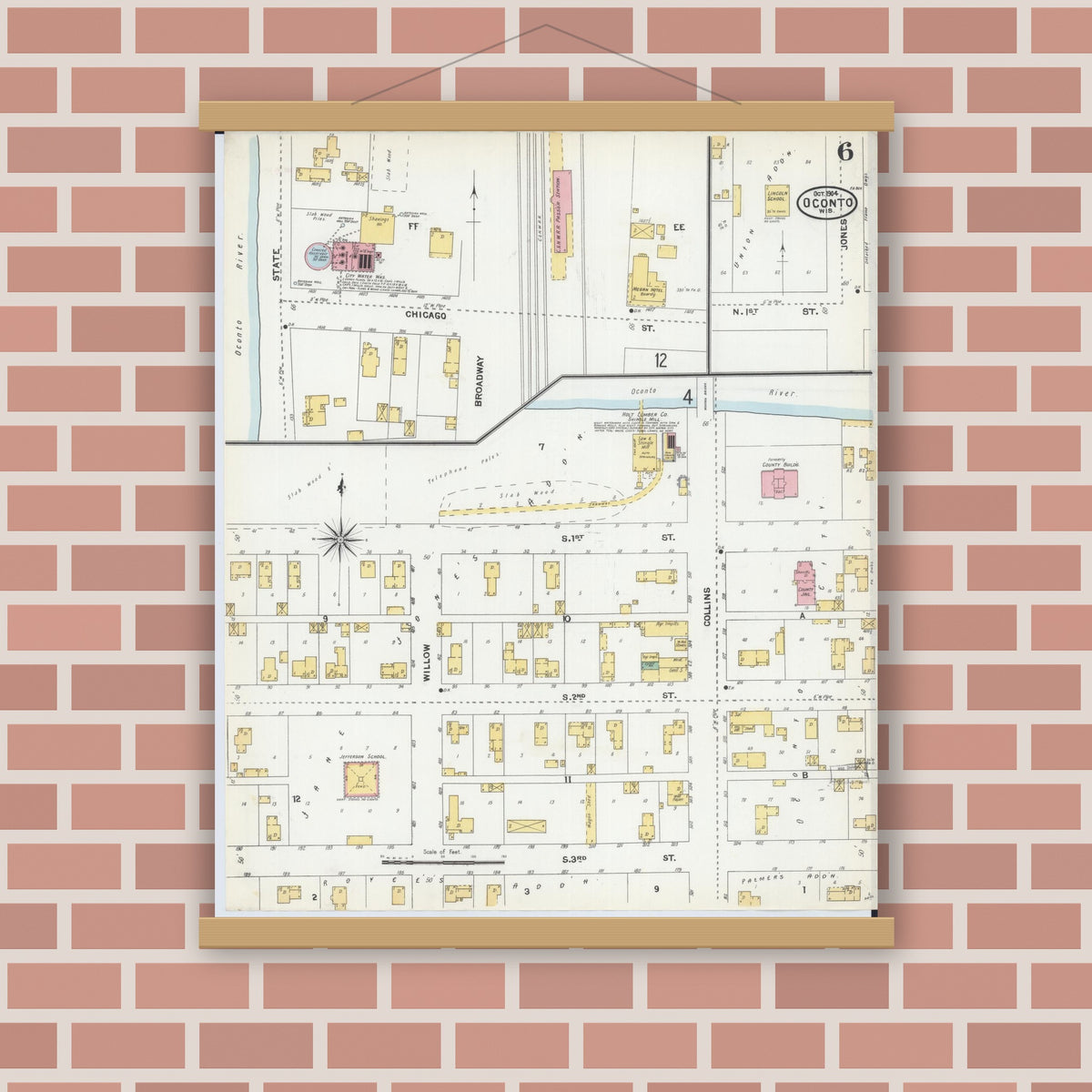 Old map wall art mockup — magnetic wood frame on brick wall — Sanborn Fire Insurance Map from Oconto, Oconto County, Wisconsin (1904), Sheet #0006