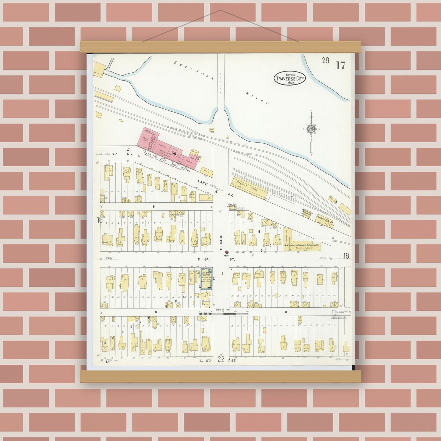 Old map wall art mockup — magnetic wood frame on brick wall — Sanborn Fire Insurance Map from Traverse City, Grand Traverse County, Michigan (1910), Sheet #0017