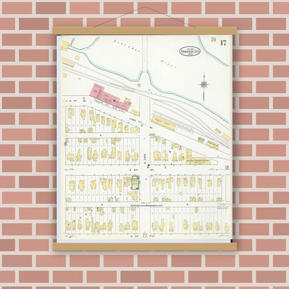 Old map wall art mockup — magnetic wood frame on brick wall — Sanborn Fire Insurance Map from Traverse City, Grand Traverse County, Michigan (1910), Sheet #0017