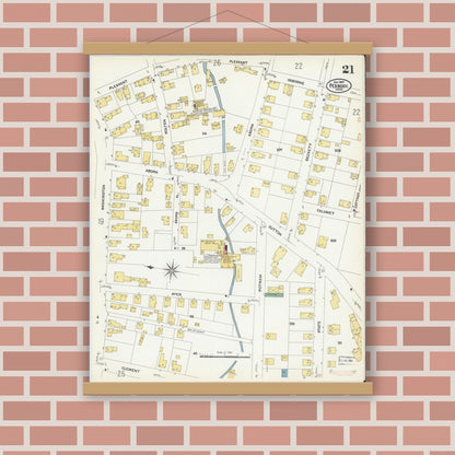 Old map wall art mockup — magnetic wood frame on brick wall — Sanborn Fire Insurance Map from Peabody, Essex County, Massachusetts (1907), Sheet #0021