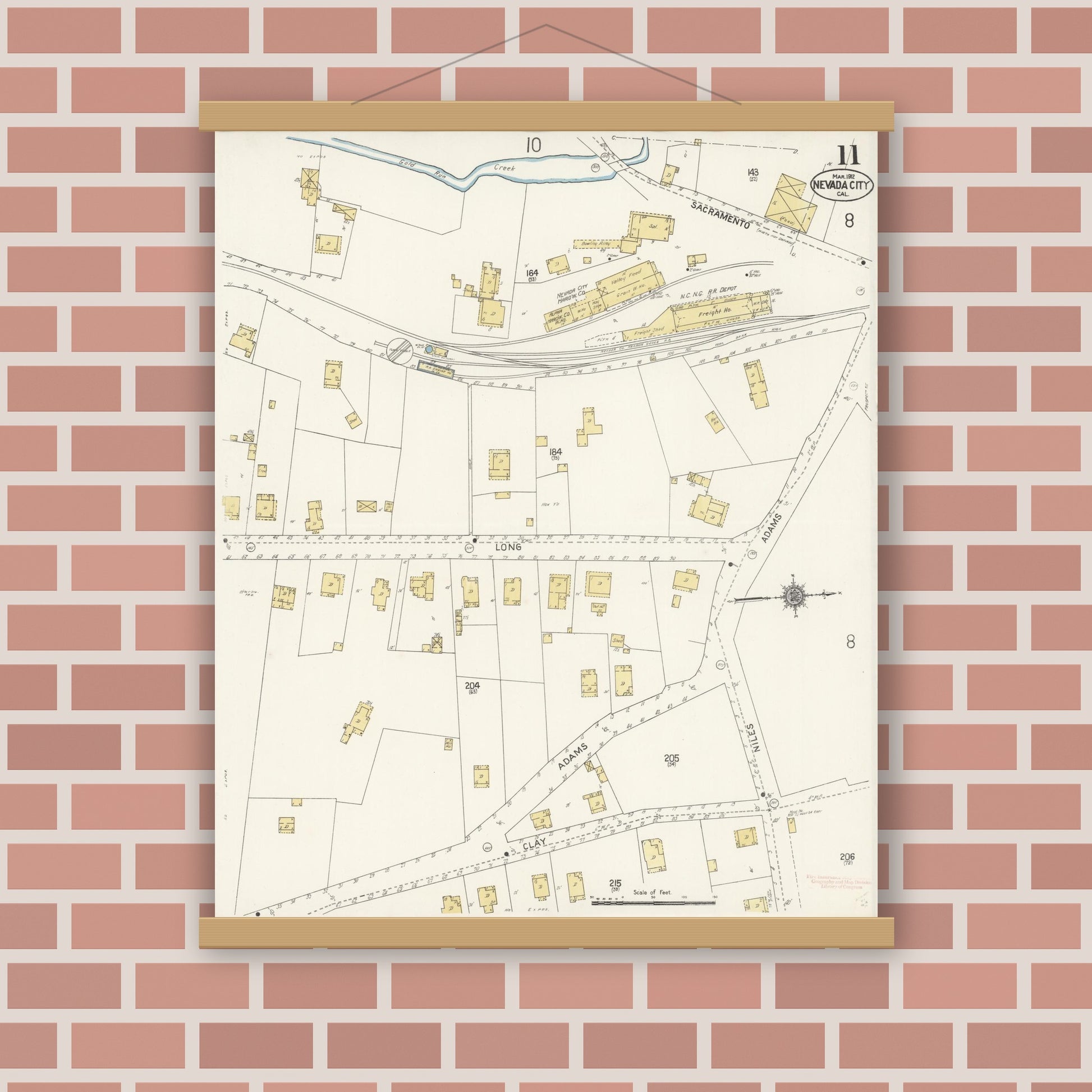 Old map wall art mockup — magnetic wood frame on brick wall — Sanborn Fire Insurance Map from Nevada City, Nevada County, California (1912), Sheet #0011
