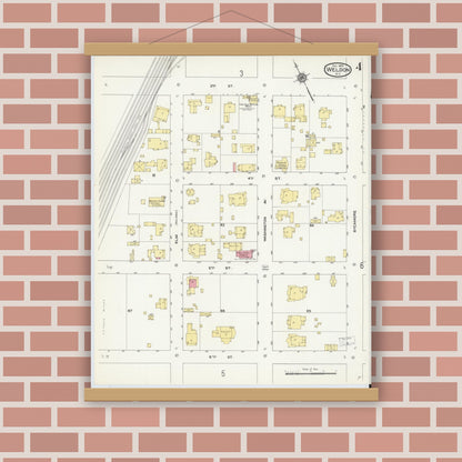 Old map wall art mockup — magnetic wood frame on brick wall — Sanborn Fire Insurance Map from Weldon, Halifax County, North Carolina (1909), Sheet #0004
