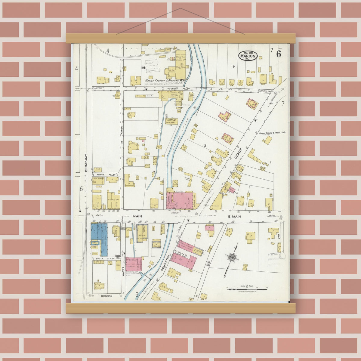 Old map wall art mockup — magnetic wood frame on brick wall — Sanborn Fire Insurance Map from Marion, Smyth County, Virginia (1921), Sheet #0006