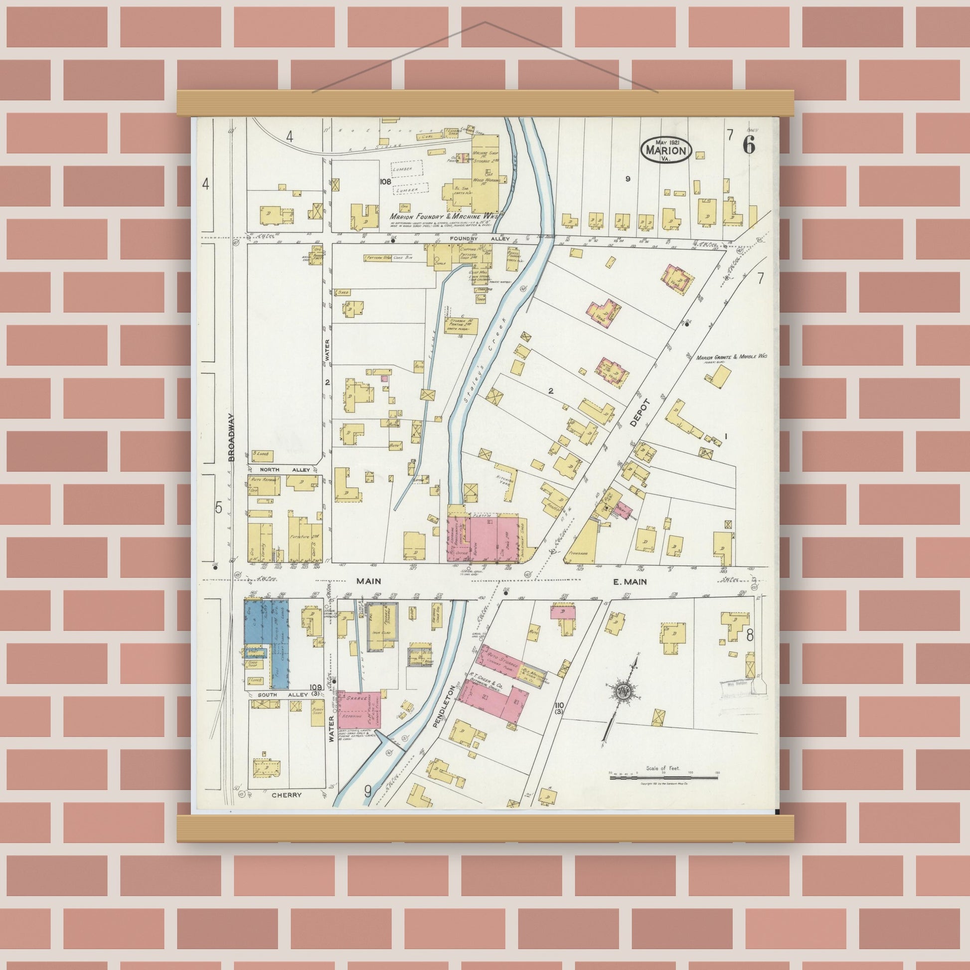 Old map wall art mockup — magnetic wood frame on brick wall — Sanborn Fire Insurance Map from Marion, Smyth County, Virginia (1921), Sheet #0006