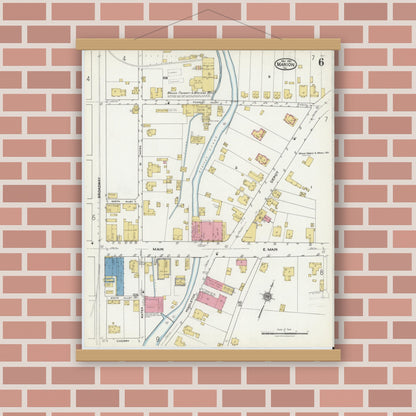 Old map wall art mockup — magnetic wood frame on brick wall — Sanborn Fire Insurance Map from Marion, Smyth County, Virginia (1921), Sheet #0006