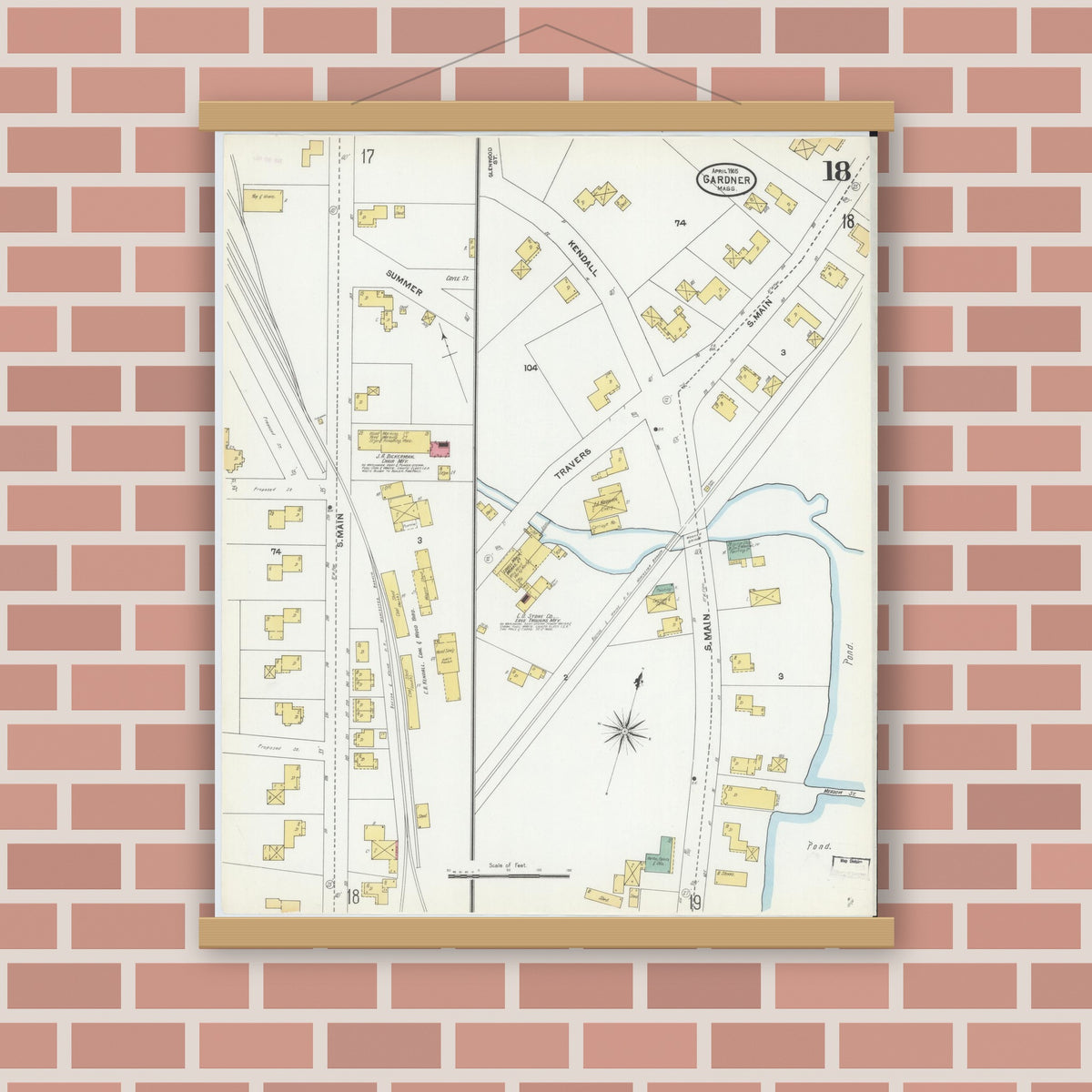 Old map wall art mockup — magnetic wood frame on brick wall — Sanborn Fire Insurance Map from Gardner, Worcester County, Massachusetts (1905), Sheet #0018