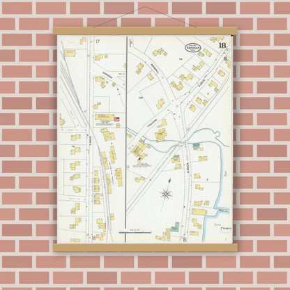 Old map wall art mockup — magnetic wood frame on brick wall — Sanborn Fire Insurance Map from Gardner, Worcester County, Massachusetts (1905), Sheet #0018