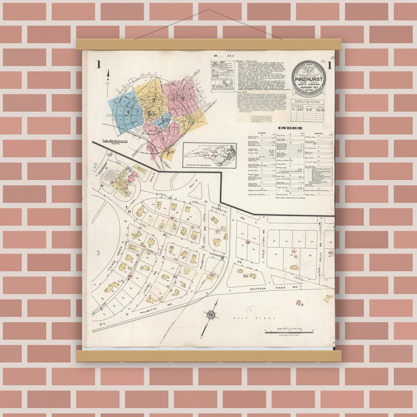 Old map wall art mockup — magnetic wood frame on brick wall — Sanborn Fire Insurance Map from Pinehurst, Moore County, North Carolina (1939) - Complete Map Set