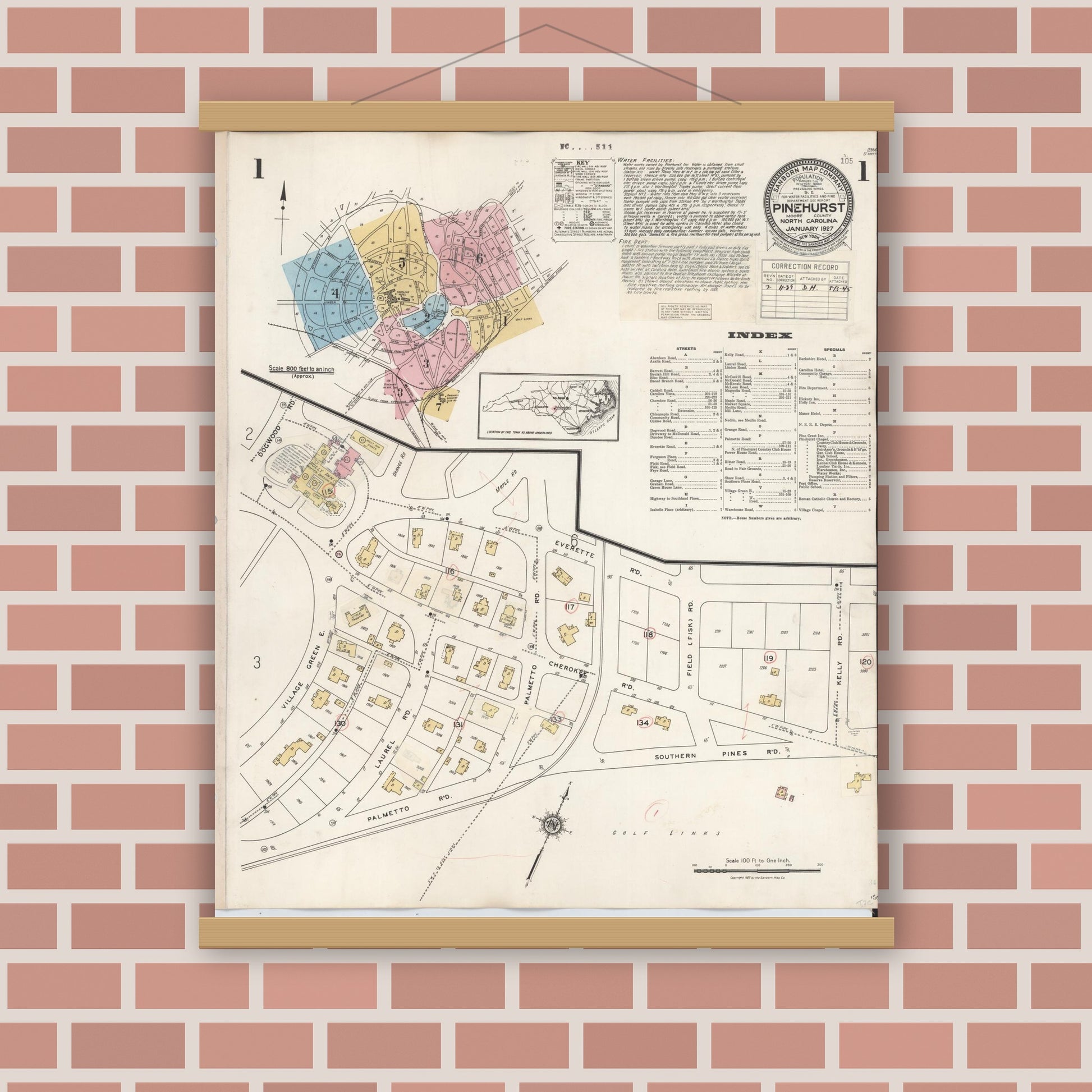 Old map wall art mockup — magnetic wood frame on brick wall — Sanborn Fire Insurance Map from Pinehurst, Moore County, North Carolina (1939) - Complete Map Set