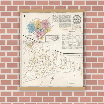Old map wall art mockup — magnetic wood frame on brick wall — Sanborn Fire Insurance Map from Pinehurst, Moore County, North Carolina (1939) - Complete Map Set