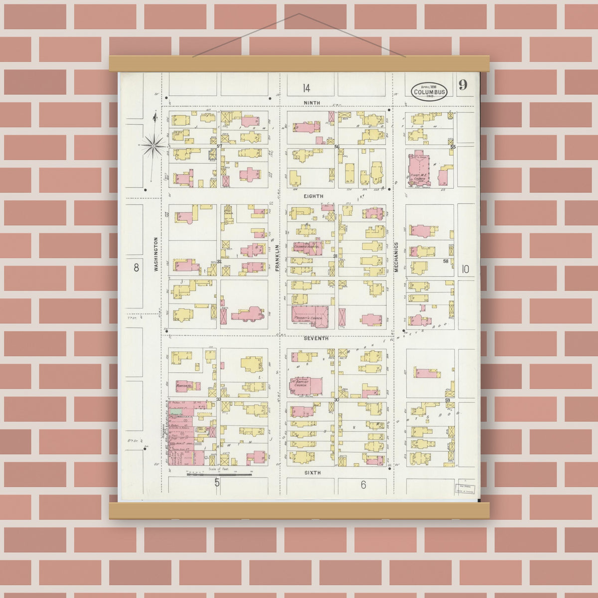 Old map wall art mockup — magnetic wood frame on brick wall — Sanborn Fire Insurance Map from Columbus, Bartholomew County, Indiana (1898), Sheet #0009