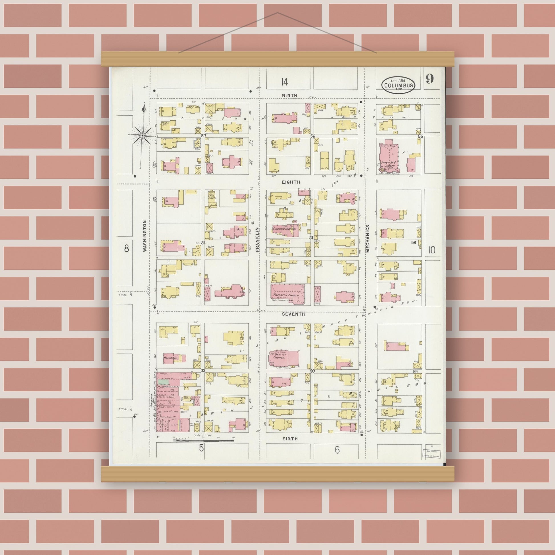 Old map wall art mockup — magnetic wood frame on brick wall — Sanborn Fire Insurance Map from Columbus, Bartholomew County, Indiana (1898), Sheet #0009