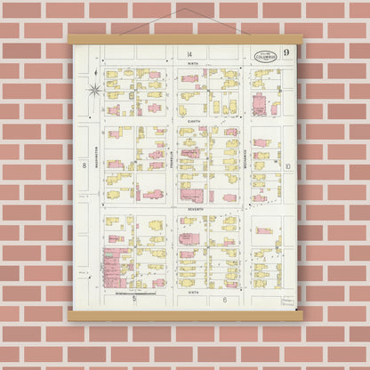 Old map wall art mockup — magnetic wood frame on brick wall — Sanborn Fire Insurance Map from Columbus, Bartholomew County, Indiana (1898), Sheet #0009