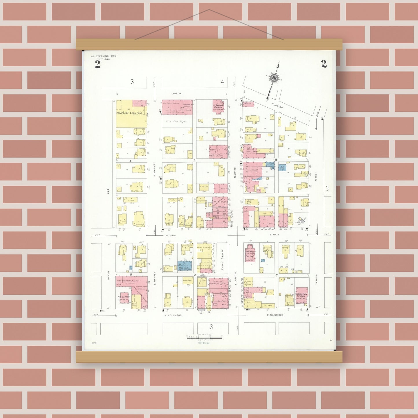 Old map wall art mockup — magnetic wood frame on brick wall — Sanborn Fire Insurance Map from Mount Sterling, Madison County, Ohio (1940), Sheet #0002
