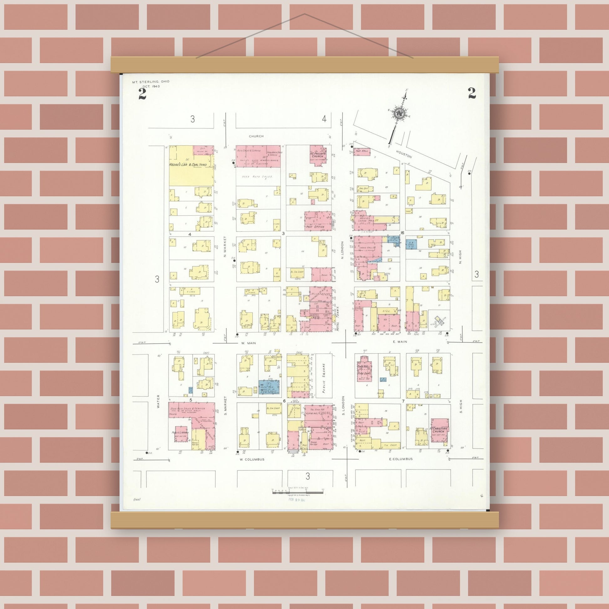 Old map wall art mockup — magnetic wood frame on brick wall — Sanborn Fire Insurance Map from Mount Sterling, Madison County, Ohio (1940), Sheet #0002