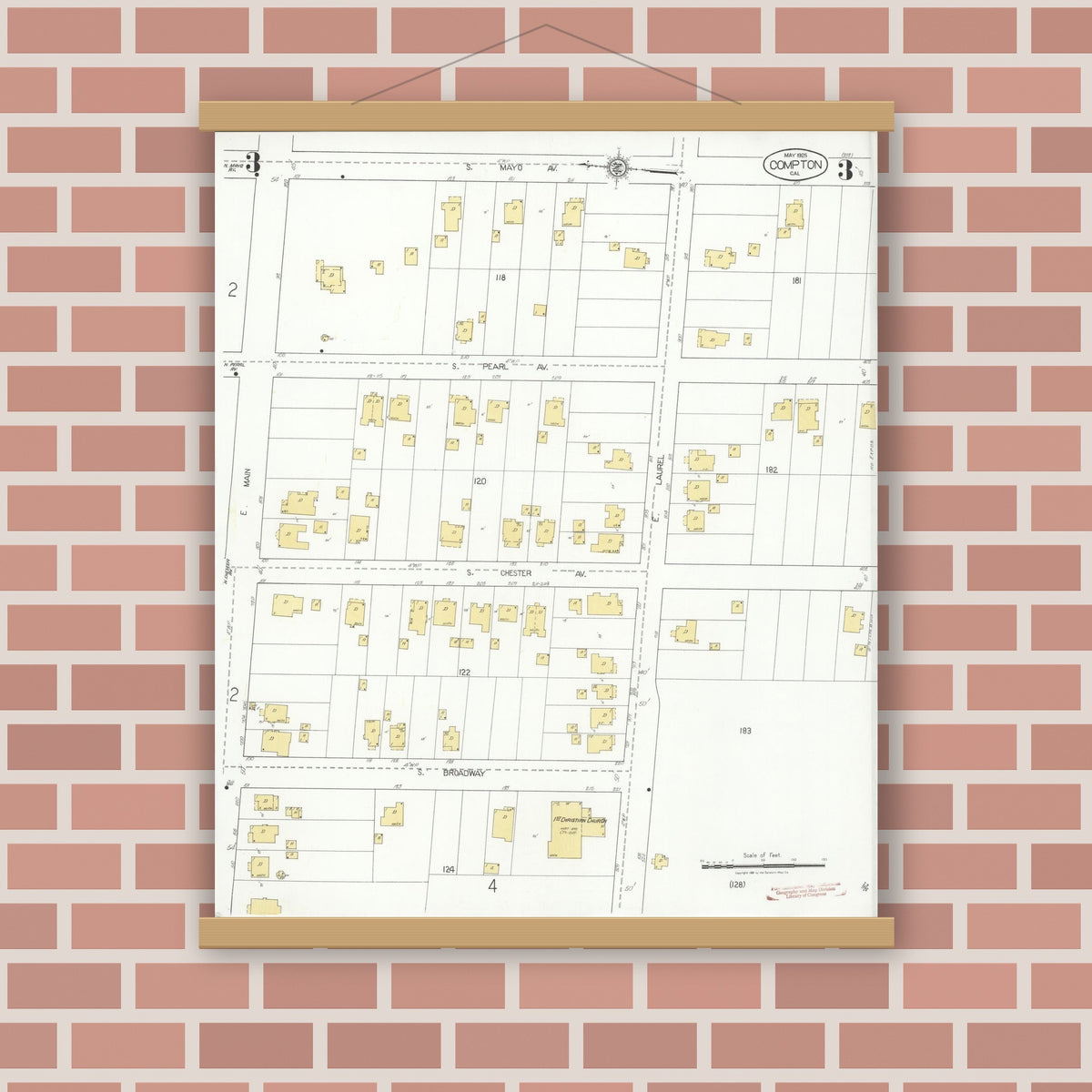 Old map wall art mockup — magnetic wood frame on brick wall — Sanborn Fire Insurance Map from Compton, Los Angeles County, California (1925), Sheet #0003