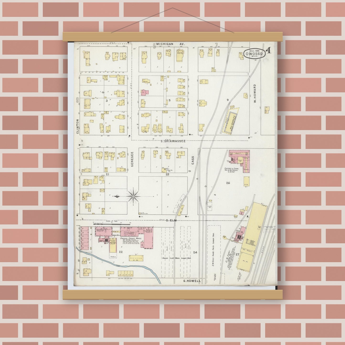 Old map wall art mockup — magnetic wood frame on brick wall — Sanborn Fire Insurance Map from Owosso, Shiawassee County, Michigan (1894), Sheet #0004