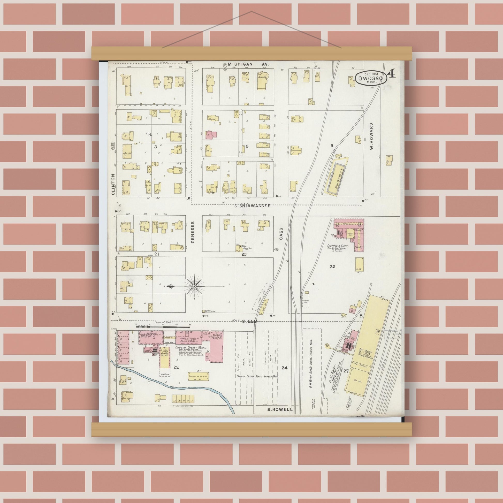 Old map wall art mockup — magnetic wood frame on brick wall — Sanborn Fire Insurance Map from Owosso, Shiawassee County, Michigan (1894), Sheet #0004