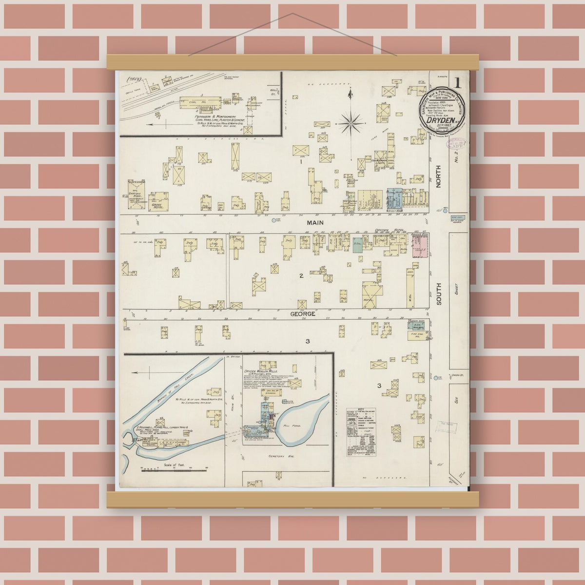 Old map wall art mockup — magnetic wood frame on brick wall — Sanborn Fire Insurance Map from Dryden, Tompkins County, New York (1887) - Complete Map Set